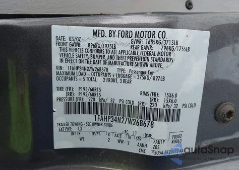 2007 Ford Focus S/Se/Ses from USA, damaged, VIN 1FAHP34N27W268678